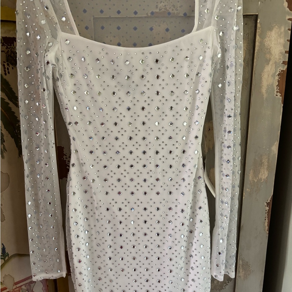 B Darlin White Long Sleeve Dress with Embellishments